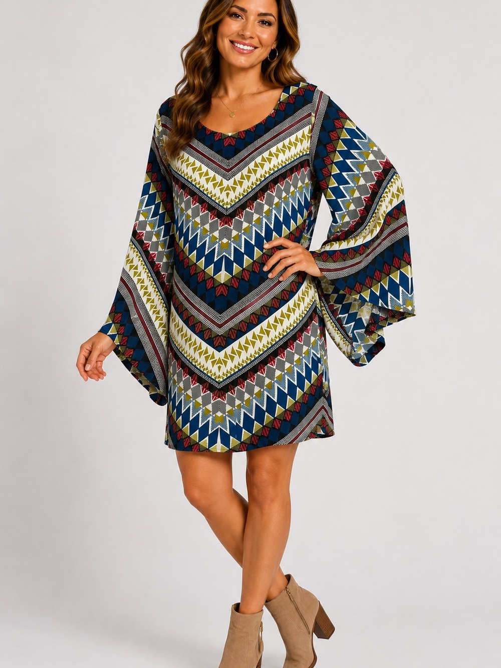 Rock 47 By Wrangler Geometric Bell Sleeve Boho Dress Tunic Medium